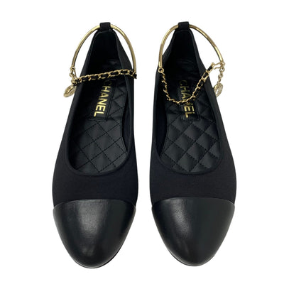 Chanel Flat Shoes Shoes Fabric Leather Black Gold Ballet Shoes Ballerina Coco Mark Chain Metal Strap