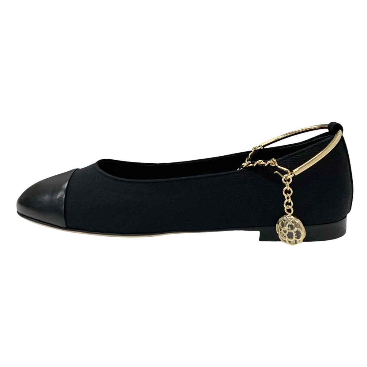 Chanel Flat Shoes Shoes Fabric Leather Black Gold Ballet Shoes Ballerina Coco Mark Chain Metal Strap