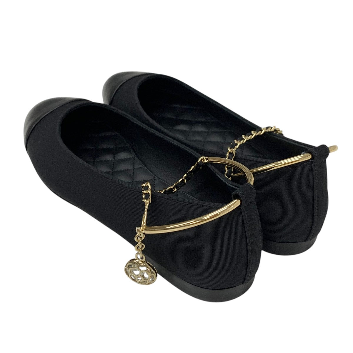 Chanel Flat Shoes Shoes Fabric Leather Black Gold Ballet Shoes Ballerina Coco Mark Chain Metal Strap