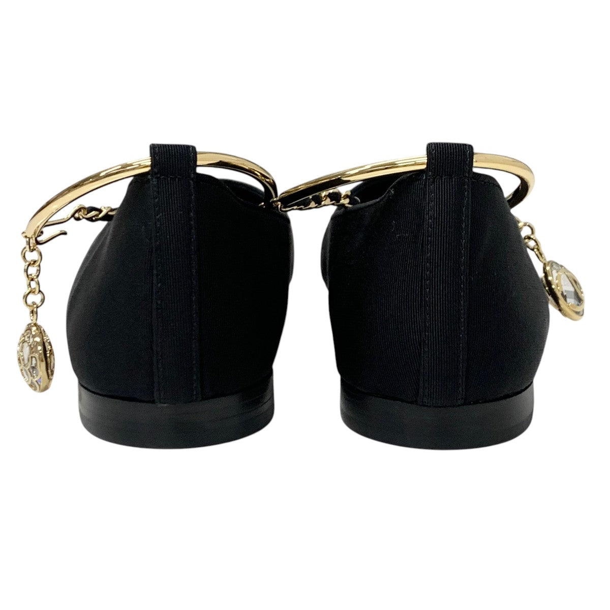 Chanel Flat Shoes Shoes Fabric Leather Black Gold Ballet Shoes Ballerina Coco Mark Chain Metal Strap