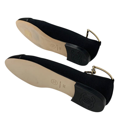 Chanel Flat Shoes Shoes Fabric Leather Black Gold Ballet Shoes Ballerina Coco Mark Chain Metal Strap