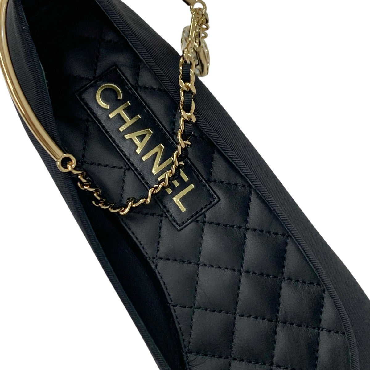 Chanel Flat Shoes Shoes Fabric Leather Black Gold Ballet Shoes Ballerina Coco Mark Chain Metal Strap