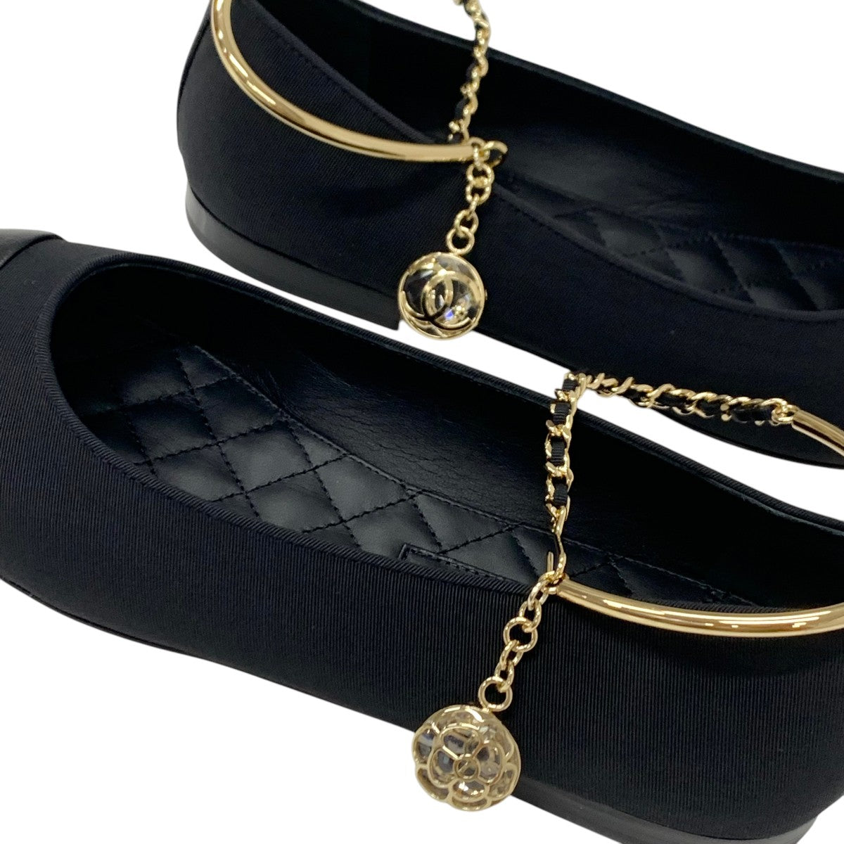 Chanel Flat Shoes Shoes Fabric Leather Black Gold Ballet Shoes Ballerina Coco Mark Chain Metal Strap