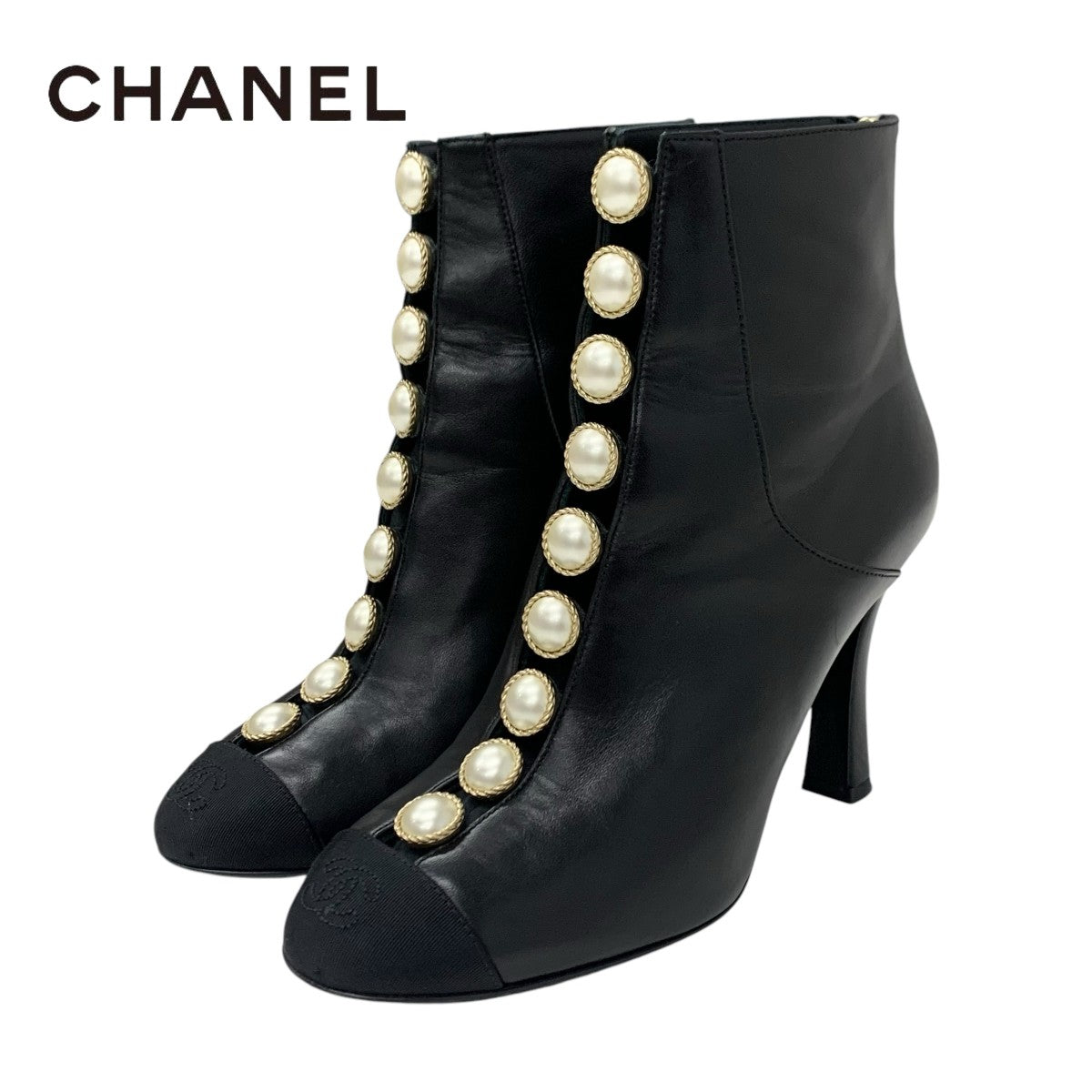 Chanel CHANEL boots, short boots, shoes, leather, fabric, black, coco mark, pearl