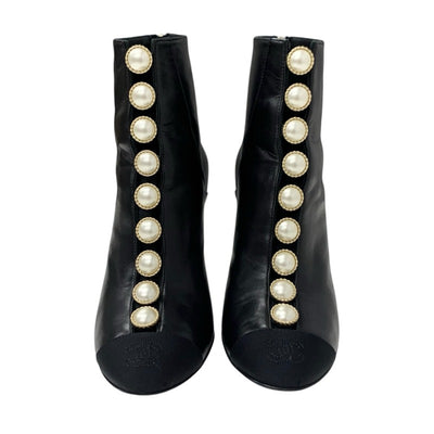 Chanel CHANEL boots, short boots, shoes, leather, fabric, black, coco mark, pearl