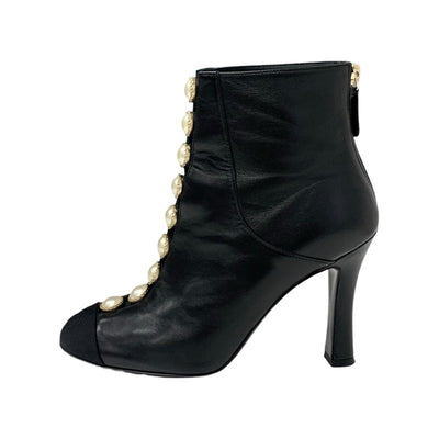 Chanel CHANEL boots, short boots, shoes, leather, fabric, black, coco mark, pearl