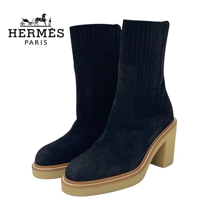 Hermes Donia Boots Short Boots Shoes Suede Black Crepe Sole