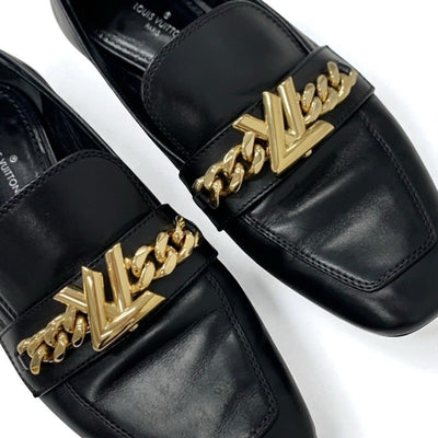 ルイヴィトン LOUIS VUITTON アッパーケースライン ローファー 革靴 靴 シューズ レザー ブラック 黒 ゴールド チェーン ロゴ フラットシューズ