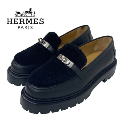 Hermes HERMES Icon Loafers Leather Shoes Shoes Leather Mouton Black Silver Moccasin Kelly Metal Fittings