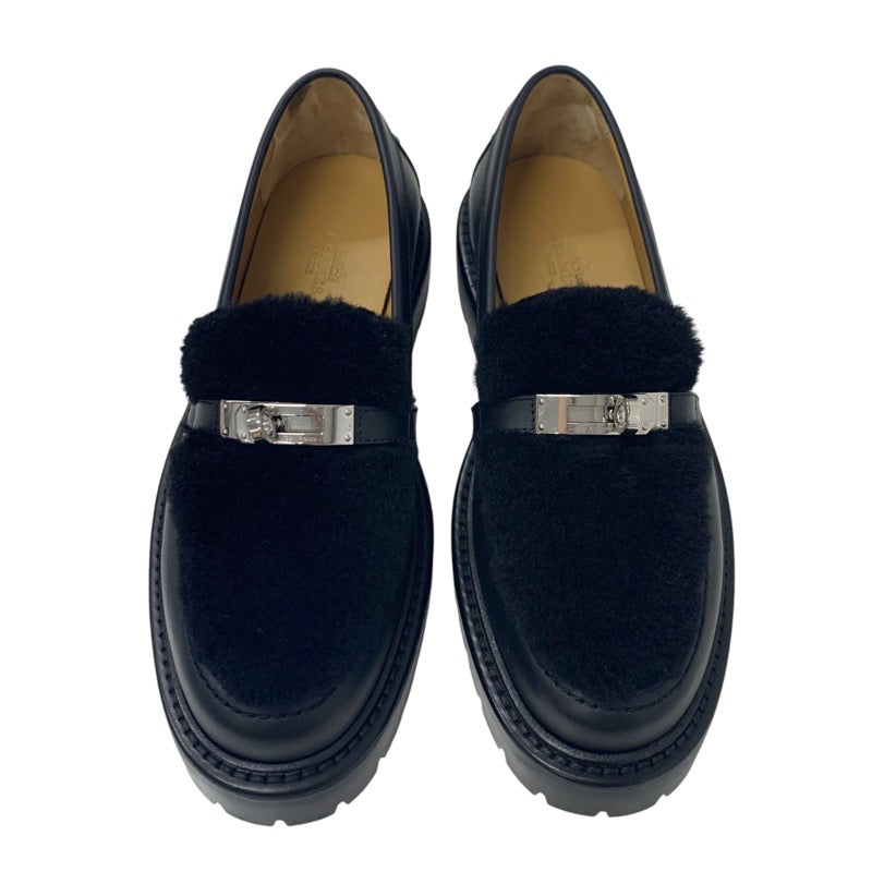 Hermes HERMES Icon Loafers Leather Shoes Shoes Leather Mouton Black Silver Moccasin Kelly Metal Fittings