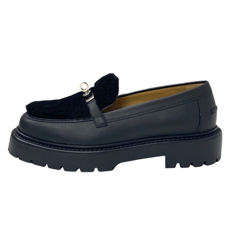 Hermes HERMES Icon Loafers Leather Shoes Shoes Leather Mouton Black Silver Moccasin Kelly Metal Fittings