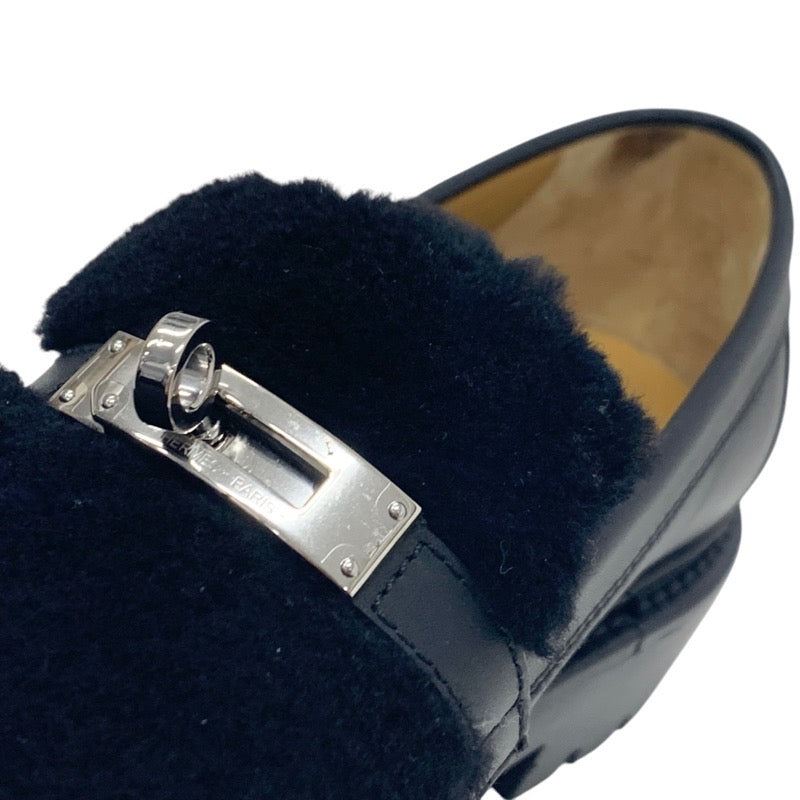 Hermes HERMES Icon Loafers Leather Shoes Shoes Leather Mouton Black Silver Moccasin Kelly Metal Fittings