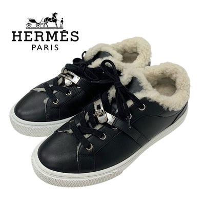 Hermes Day Sneakers Shoes Leather Mouton Black Silver Kelly Metal Boa