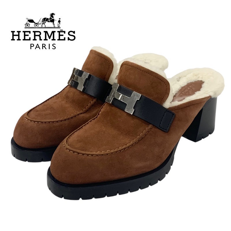 Hermes Flor 60 Sandals Shoes Suede Mouton Brown Silver Mule Boa H Hardware