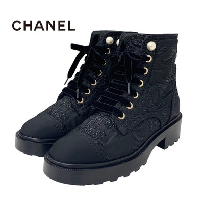 Chanel CHANEL boots, short boots, shoes, fabric, black, coco mark, lace-up, pearl