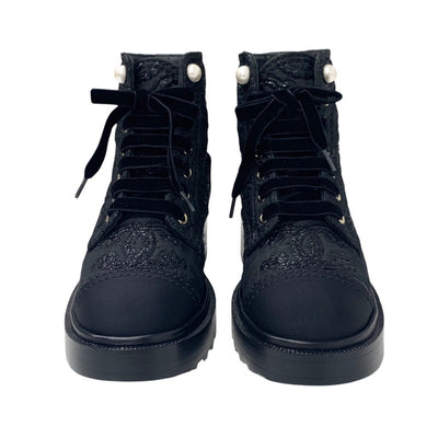 Chanel CHANEL boots, short boots, shoes, fabric, black, coco mark, lace-up, pearl