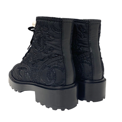 Chanel CHANEL boots, short boots, shoes, fabric, black, coco mark, lace-up, pearl