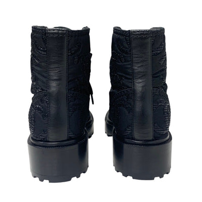 Chanel CHANEL boots, short boots, shoes, fabric, black, coco mark, lace-up, pearl