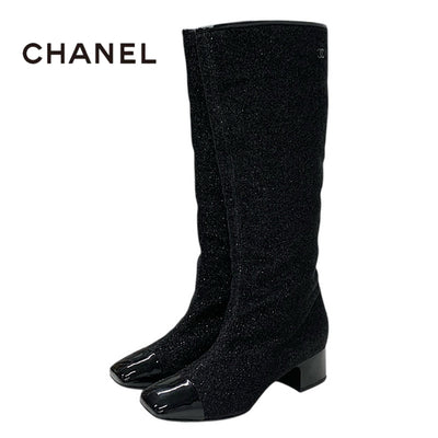 Chanel CHANEL boots, long boots, shoes, fabric, black, coco mark, glitter