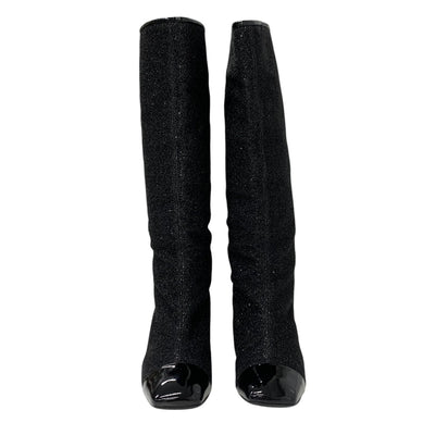 Chanel CHANEL boots, long boots, shoes, fabric, black, coco mark, glitter