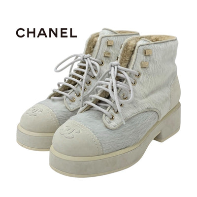 Chanel CHANEL boots, short boots, shoes, harako, suede, sheepskin, beige, gray, coco mark, lace-up