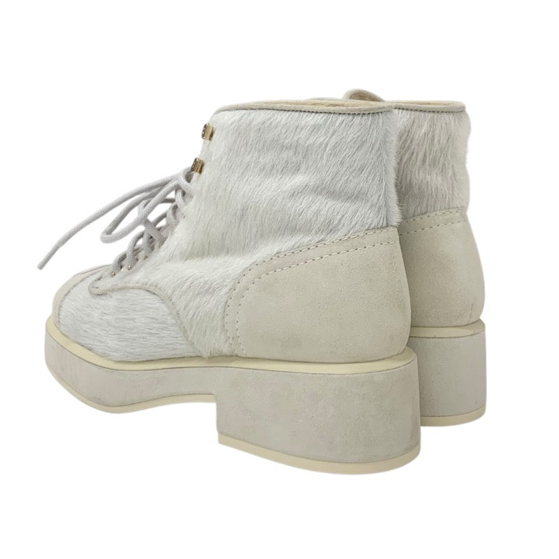 Chanel CHANEL boots, short boots, shoes, harako, suede, sheepskin, beige, gray, coco mark, lace-up