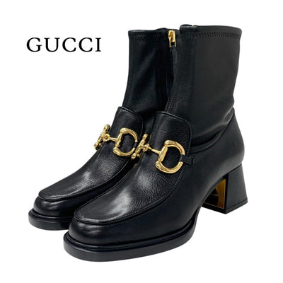 グッチ GUCCI ブーツ ショートブーツ 靴 シューズ レザー ブラック 黒 ゴールド ホースビット