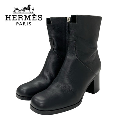 Hermes HERMES Flat Toe's Boots Short Boots Shoes Leather Black Stitching