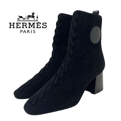 Hermes HERMES Volvelle Boots Short Boots Shoes Chenille Leather Black Unused Socks Boots Ex Libris Knit