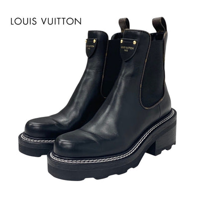 Louis Vuitton LOUIS VUITTON Bobour Line Monogram Boots Short Boots Shoes Leather Black Ankle Boots Side Gore Logo