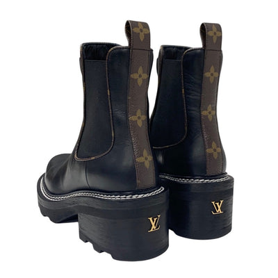 Louis Vuitton LOUIS VUITTON Bobour Line Monogram Boots Short Boots Shoes Leather Black Ankle Boots Side Gore Logo