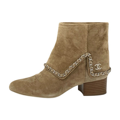 Chanel CHANEL boots, short boots, shoes, suede, beige, silver, coco mark, chain