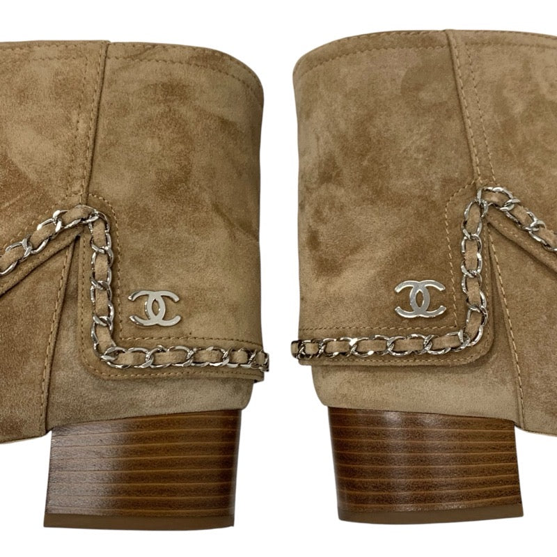 Chanel CHANEL boots, short boots, shoes, suede, beige, silver, coco mark, chain