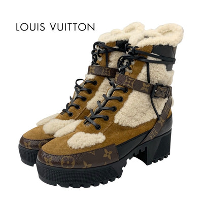 LOUIS VUITTON Lauriat Line Monogram Boots Short Boots Shoes Suede Mouton Leather Brown Beige Black Ankle Boots Lace-up