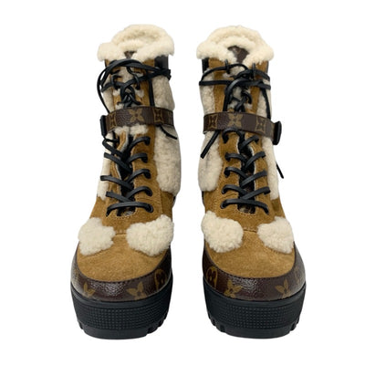 LOUIS VUITTON Lauriat Line Monogram Boots Short Boots Shoes Suede Mouton Leather Brown Beige Black Ankle Boots Lace-up