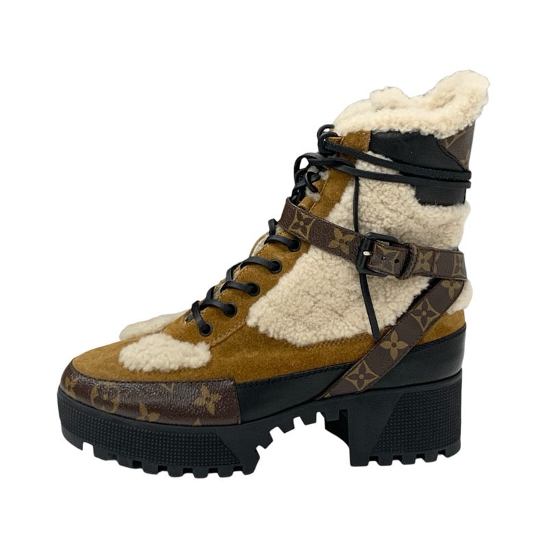 LOUIS VUITTON Lauriat Line Monogram Boots Short Boots Shoes Suede Mouton Leather Brown Beige Black Ankle Boots Lace-up