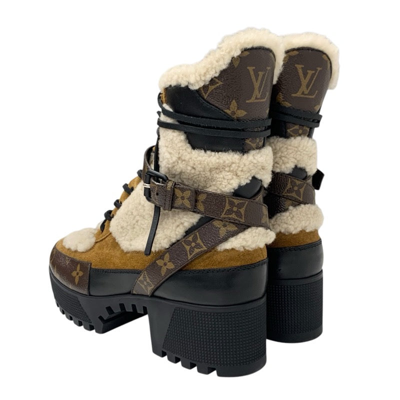 LOUIS VUITTON Lauriat Line Monogram Boots Short Boots Shoes Suede Mouton Leather Brown Beige Black Ankle Boots Lace-up