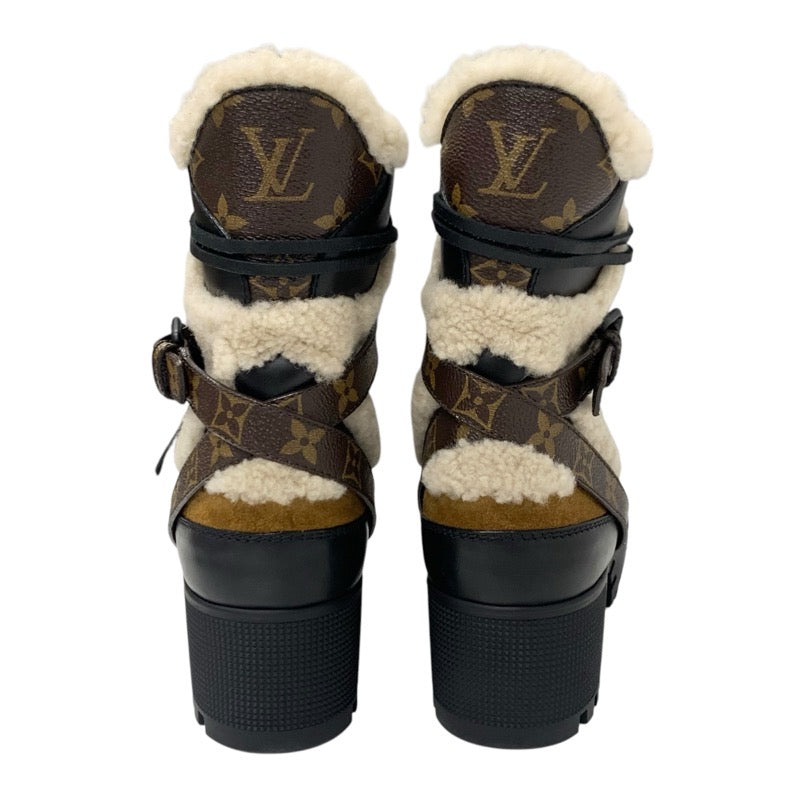 LOUIS VUITTON Lauriat Line Monogram Boots Short Boots Shoes Suede Mouton Leather Brown Beige Black Ankle Boots Lace-up