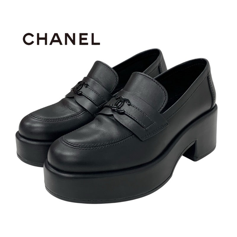 Chanel CHANEL loafers leather shoes shoes leather black coco mark thick sole