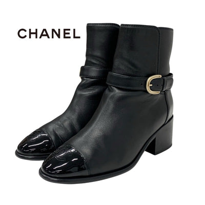 Chanel CHANEL boots, short boots, shoes, leather, patent, black, gold, coco mark, belt