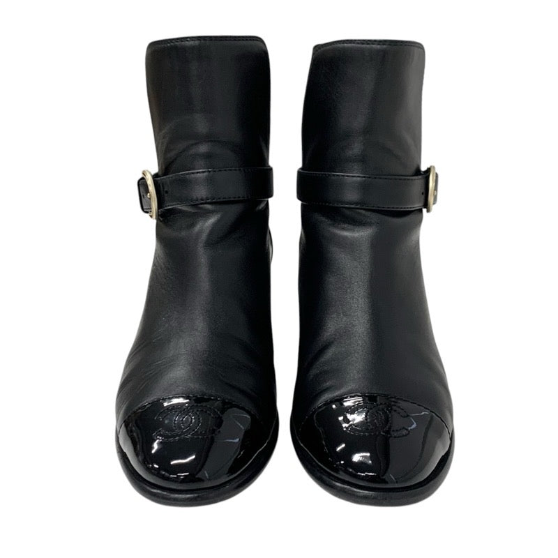 Chanel CHANEL boots, short boots, shoes, leather, patent, black, gold, coco mark, belt