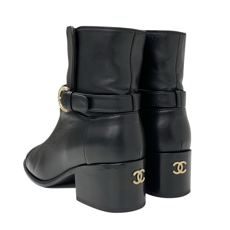 Chanel CHANEL boots, short boots, shoes, leather, patent, black, gold, coco mark, belt