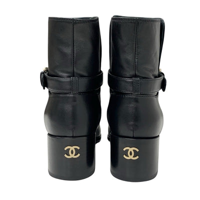 Chanel CHANEL boots, short boots, shoes, leather, patent, black, gold, coco mark, belt