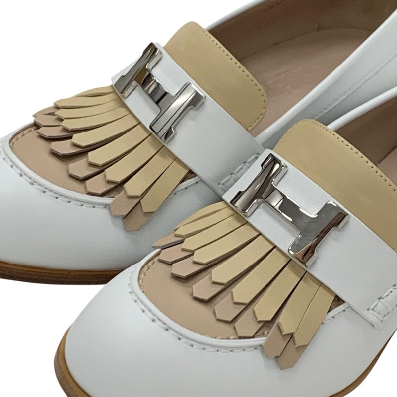 エルメス HERMES エリゼ パンプス 靴 シューズ レザー ホワイト ベージュ シルバー H金具 フリンジ ヒールローファー