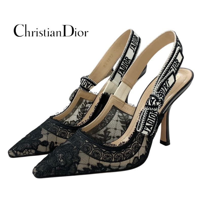 クリスチャンディオール CHRISTIAN DIOR JADIOR パンプス 靴 シューズ ファブリック レザー ブラック ホワイト スリングバック サンダル レース