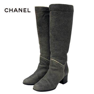 Chanel CHANEL boots, long boots, shoes, leather, sheepskin, gray, coco mark