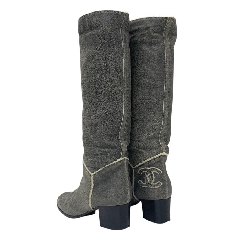 Chanel CHANEL boots, long boots, shoes, leather, sheepskin, gray, coco mark