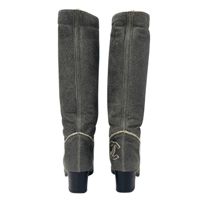 Chanel CHANEL boots, long boots, shoes, leather, sheepskin, gray, coco mark