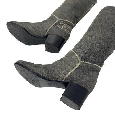 Chanel CHANEL boots, long boots, shoes, leather, sheepskin, gray, coco mark