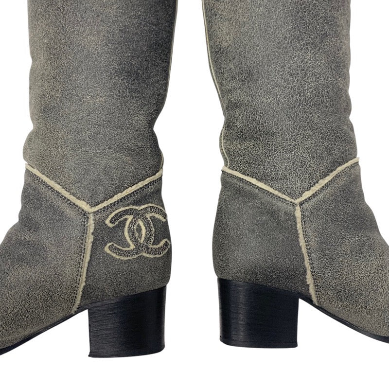 Chanel CHANEL boots, long boots, shoes, leather, sheepskin, gray, coco mark